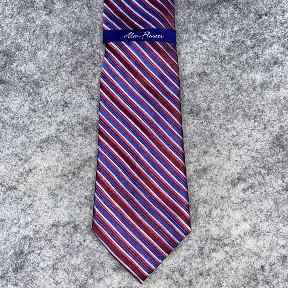 ALAN FLUSSER Striking Red‎ Blue Diagonal Striped Men's Silk Necktie 3.75" x 58"